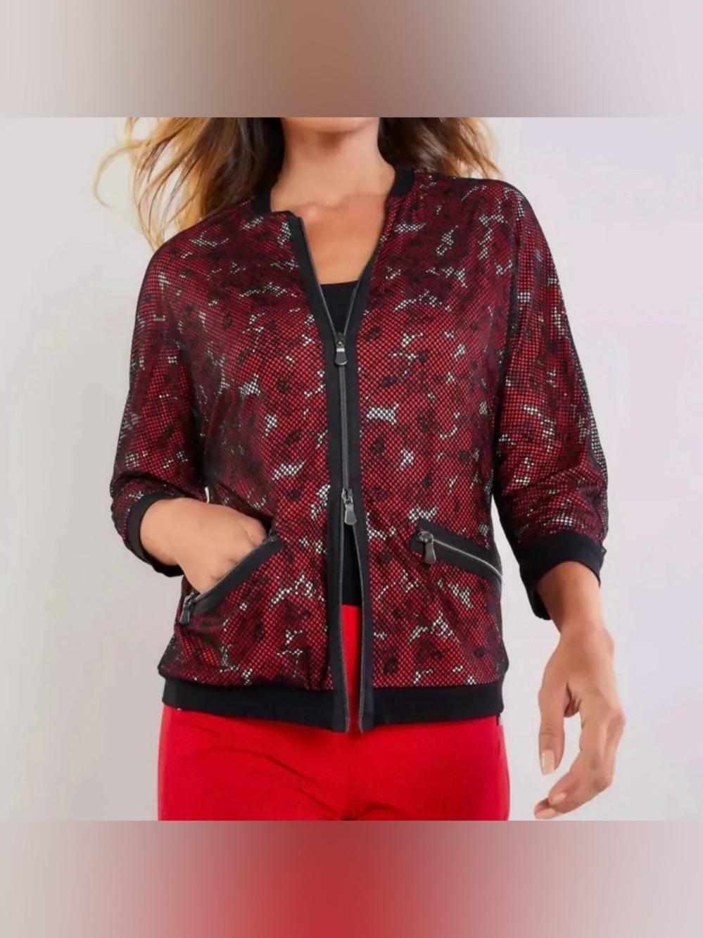 Anatomie Petal Printed Jersey Bomber Jacket in Poppy Floral Mesh Overlay Size XL